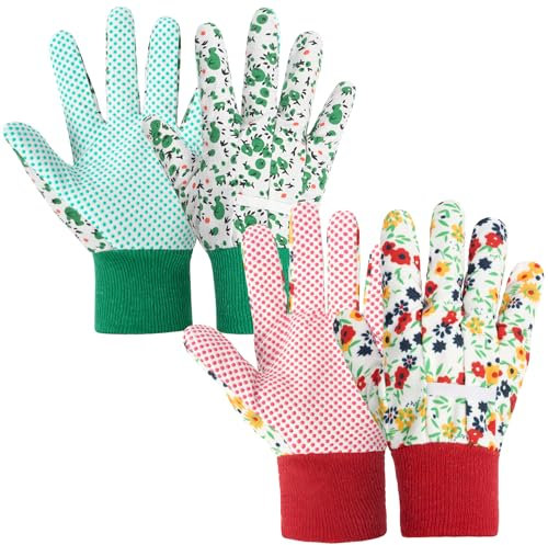 Ainiv Handschuhe für Garten, 2er Set Gartenhandschuhe, Antirutschbeschichtung Arbeitshandschuhe, Einheitsgröße Schutzhandschuhe mit PVC-Punkten und Reißfester Canvas-Stulpe Zum Pflanz Gartenarbeit