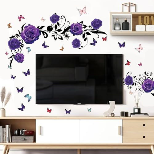PLIGREAT 2 Sheets Purple Rose Black Vine Wall Art Decals Watercolor Floral Butterflies Wall Stickers for Living Room Bedroom Cabinet Door TV Background Wall Decor DIY Large Size Wall Corner Art Murals