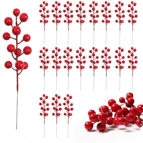 VOPIWOZ 20 Stück Rote Beerenförmige Zweige, Stechpalme Deko Weihnachten, 20cm Rote Beeren Deko Weihnachten, Trockenblumen Weihnachten, Ilex Künstlich für Adventskranz Deko und Winterdeko