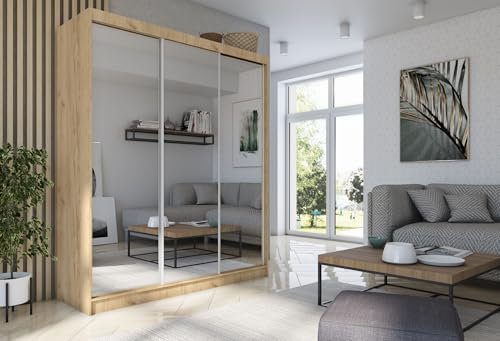 AGMAT-FURNITURE Schwebetürenschrank Bora, Kleiderschrank mit 3 Türen und 2 Schubladen, Moderne Garderobe in Farbe: Artisan, Schrank in Größe: 180 x 216 x 61 cm