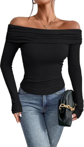 AOWVUTS Women's Long Sleeve Top Sexy Off Shoulder Top Slim Fit Crop Tops Casual Tight T-Shirt Solid Color Blouse Tee Tops Y2K Going Out Crop Clothes Club Party Streetwear for Ladies Girls Black