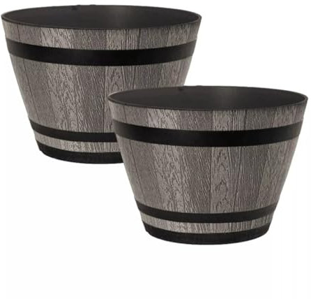 Fyne-Finds Set of 2 Plastic Whiskey Barrel Planter 22cm, 9inch Brown Ash 4L Outdoor Garden Decor Plant Pot with Drainage Holes