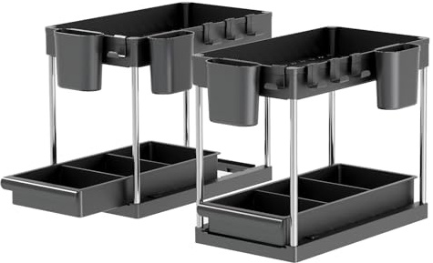 Alex Nash Under Sink Storage Kitchen Organiser Unit - 2-Tier Cupboard Organiser with Sliding Shelf & Hooks - Multifunctional Storage Caddy for Kitchen & Bathroom - Pack of 2, Black