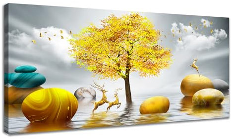 WENGTIAO Elk Gold Money Fortune Tree Canvas Wall Art Prints Large Framed Picture Nordic Luxury Stone River Golden Birds Painting on Canvas Living Room Bedroom Home Wall Decor Ready to Hang 50x120 cm