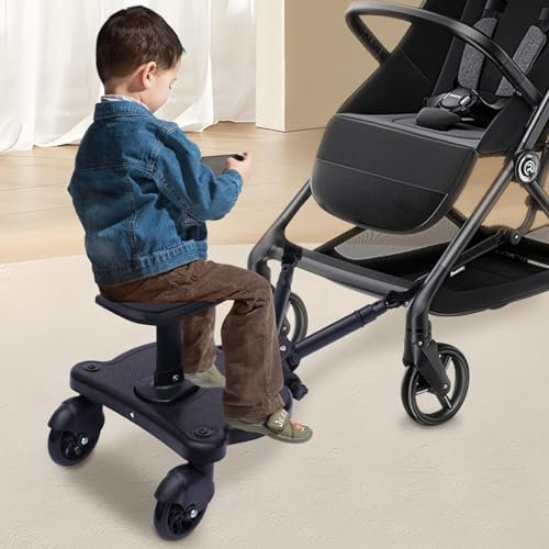 Planche de buggy avec siège, poussette 360 °, design à deux roues, avec 4 pieds antidérapants, pour enfants de 3 à 7 ans, siège frère et sœur Bearing 55 lbs pour poussette universelle