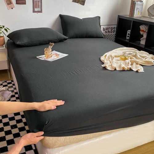 Lirzxin Bettlaken 180x200 cm, Boxspringbett Spannbettlaken Gewaschene Baumwolle Einfarbig Spannbetttuch Doppelbett Atmungsaktives und Weiches, Schwarz