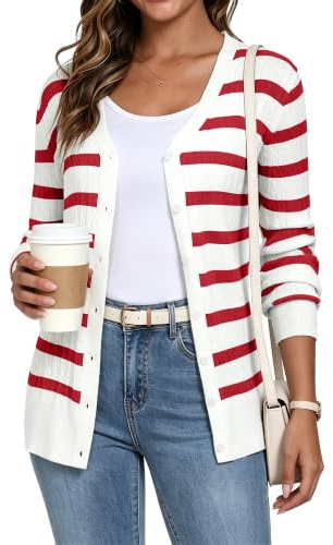 YUNDAI Womens Stripe Cardigan V Neck Long Sleeve Button Down Knit Sweater | Striped V-neck knit cardigan, long sleeves button front, soft lightweight fabric for spring fall layering & daily casual wear