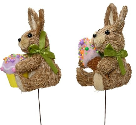 Dekofigur Hase Stroh 52cm am Stab mit Dessert 1 Stück Sortiert - Dekohase zum Stecken für Ostern Frühling - Osterstecker Dekostecker - Osterhase als Osterdeko Osterschmuck Ostergeschenk - Natur Braun