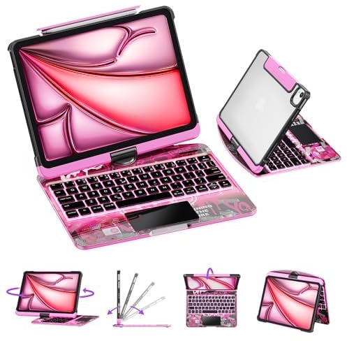 GUSGU Transparent Case with Wireless Keyboard for iPad 10.2-in (7th, 8th, and 9th Gen), 7 Colors Backlight, Trackpad, 360°Rotating Stand, Tech Style