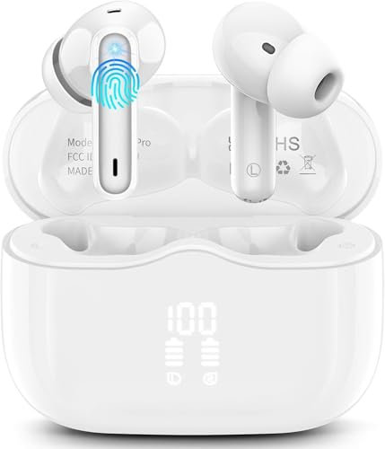 Wireless Earbuds, 2025 Bluetooth 5.4 Headphones HiFi Stereo 3D Bass in Ear Buds, Bluetooth Earphones with 4 ENC Noise Cancelling Mics, 40H Wireless Headphones with IP7 Waterproof, LED Display, White