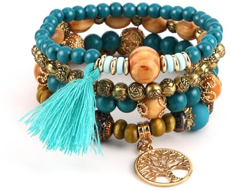 JSMTKJ 4er-Set Chakra Armband für Damen Boho-Schmuck mit Holzperlen-Armreif | Quasten | Liebes-Charm mit Lebensbaum-Design Spiritualer Statement-Accessoire für Festival & Alltag
