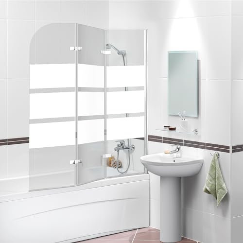 Hebitod 120x140cm Faltbare Duschwand für Badewanne, 3-teilige Glas Duschtrennwand aus 6mm Sicherheitsglas (EGS), Badewannenaufsatz, Weiße Streifen