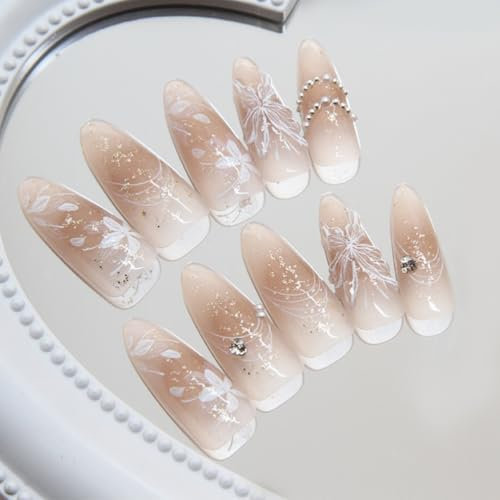 SXVME Ombre Nude 3D Press on Nails Long Almond, Flora Spring Fake Nails with Designs, Almond Glue on nails with Diamond, Thick Cute Stiletto Extra Long Nails for Women and Girls, 30 Pcs