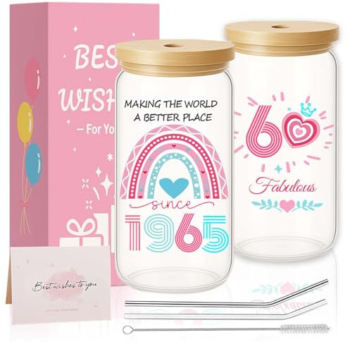 60th Birthday Gifts for Women, 60th Birthday Present Creative Glass Cups with Lids and Straws, Interesting Personalized Iced Coffee Glass Mug, Gifts For Best Friend Sister Wife Auntie Daughter Gift