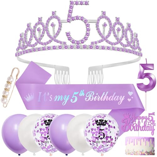 5th Birthday Decorations Girls, 5th Birthday Sash and Tiara 5 Year Old Girls Gifts,Purple Crown Headband Sash,Balloons Cake Topper Candles Gifts for 5 Year Old