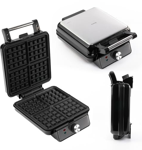 Huslog Gaufrier Électrique 1500W pour 4 Gaufres Belges, Chauffe Rapide, Température Réglable, Plaques Antiadhésives, Voyant Lumineux, Poignée Cool Touch, Inox, Noir