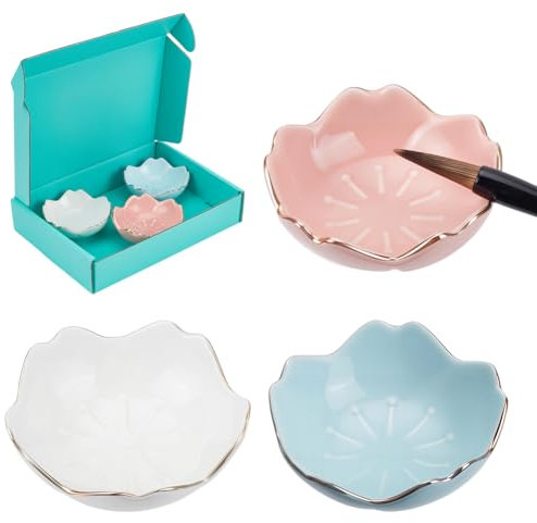 WEBEEDY 3 Colors Ceramic Ink Plate Flower Shape Chinese Calligraphy Ink Dish Paint Brush Holder Rest Ceramic Watercolor Palette for Chinese Calligraphy Writing Painting Supplies, 7.2x2.8cm