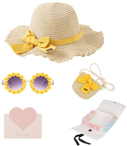 YOOCHUENG Chapeau de Paille pour Filles,avec Petit Sac et Lunettes de Soleil Fleur,Ensemble Enfant d'Été avec Noeud Papillon pour Vacances Plage Activités Outdoor,Cadeaux pour la Journée des Enfants