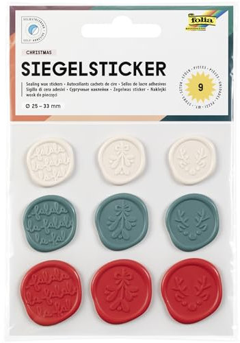 folia 18603 - Siegel Sticker CHRISTMAS, 9 Stück in 3 kräftigen Farben, Aufkleber mit weihnachtlichen Motiven in 3 Größen, zum Verzieren und Dekorieren