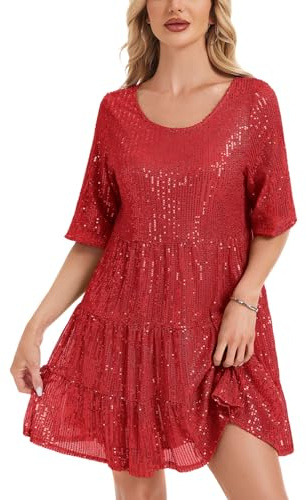 Kyzoeyou Kurzarm Glitzer Sommerkleid Damen mit Pailletten Midi Kleider Leicht Kleid Casual Tunika Plissee Swing Freizeitkleid