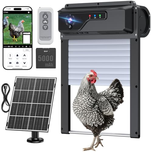 Porte Poulailler Automatique, Porte à Enroulement Gain de Place pour Poulailler, Recharge Solaire, Minuterie, Contrôle à Distance, Anti-pincement