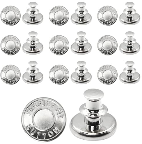 10Pcs Jean Button Pins, 17mm Button Pins for Jeans, Jean Button Tightener | Metal Pin Buttons for Jeans, No Sew Tightener Clips, Adjustable Waist Repair Kit for Jackets, Skirts, DIY Crafts (Silver)