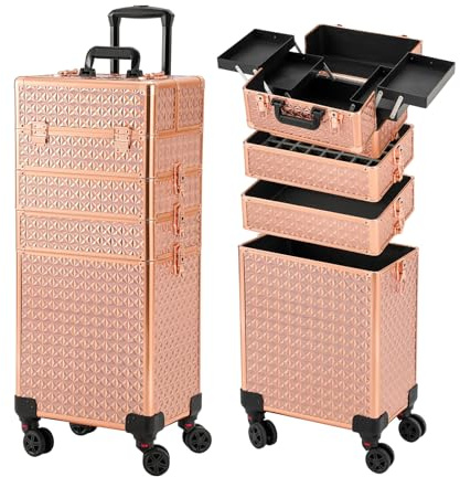 Portable Multi-Storey Nail Case for Nail Tech Organizer - Wheels Makeup Case Organizer, Cosmetic Case, Makeup Train Case, Make Up Case (Rose Glod-8035)