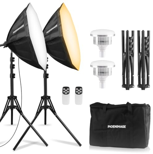 PIOENIMAGE Softbox Kit di illuminazione, Softbox Fotografia Set di Illuminazione con Softbox Ottagonale 54,9 x 54,9 cm, Treppiede Luce, 85W 2700-6500K LED Lampadina Remote, Luci Studio per Fotografia