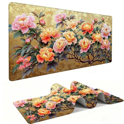 Mouse Mat | Large Gaming Mouse Pad 1000 x 500 x 3mm| XXL Gaming Desk Mat | Improved Precision and Speed | Rubber Base for Stable Grip on Smooth Surfaces | Keyboard Mats| Colorful Peony Flowers v-65