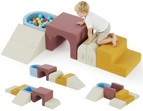 MAMIZO Schaumstoff Bausteine Kinder, Kletterblöcke mit Ballpool, 7 PCS Motorik Großbausteine, EN71-Zertifiziert & rutschfest, Kinder Montessori Spielzeug für Indoor-Spaß, ab 10 Monate