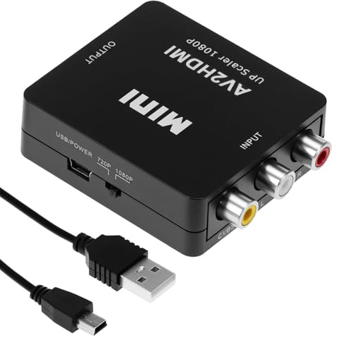 QWORK® Convertidor RCA a HDMI, conmutación 1080P/720P – Adaptador AV a HDMI para PS2, Xbox, VHS, VCR y Reproductor DVD – Convertidor de RCA a HDMI con Cable de alimentación USB
