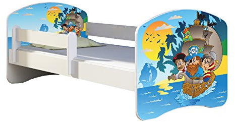 Kinderbett Jugendbett mit einer Schublade und Matratze Weiß ACMA II 140 160 180 40 Design (160x80 cm, 21 Piraten)