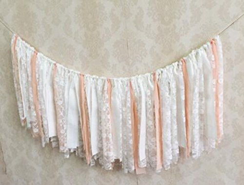 Wimpelkette mit weißer Spitze und rosafarbenem weißem Band, Shabby-Chic, Girlande, Wimpelkette, Hochzeit, Party, Girlande