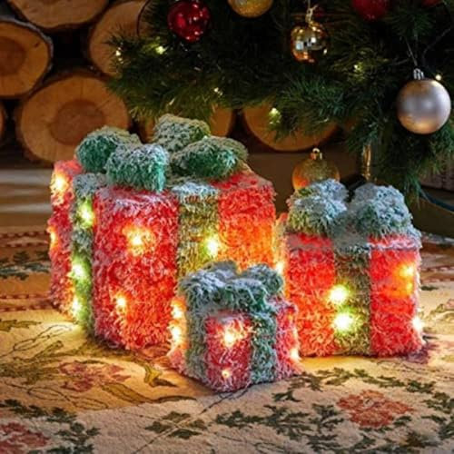 Marco Paul Light Up Present Boxes - Christmas Timer Function, 3 Parcel Lights with Batteries, Bows, Red Gift Boxes for Christmas Tree Indoor