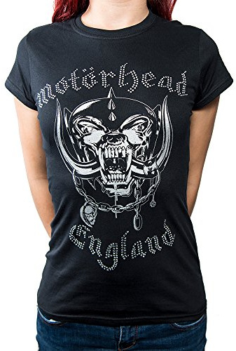 Motorhead Women's Ladies Fashion Tee: England with Rhinestone Application T-Shirt, Black, 14 (Size:X-Large)