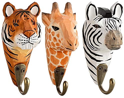 your castle 3 Wandhaken Garderobehaken Kleiderhaken aus Holz Tiger, Giraffe, Zebra, mit Metallhaken handgearbeitet