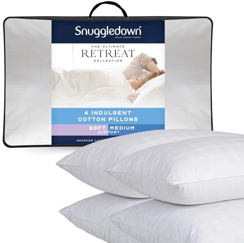 Snuggledown Luxury Cotton Pillows 4 Pack - Hotel Quality Ultra-Soft Pillow for Restful Sleep | UK-Made, 300tc Jacquard Cotton Cover, Non-Allergenic & Washable (48 x 74cm)