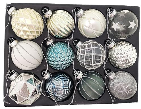 12er Set edle Luxus Glas Weihnachtskugeln Ø 6cm Weihnachtsbaum Kugeln Christbaumkugeln Weihnachten Deko Christbaumschmuck (Mix)