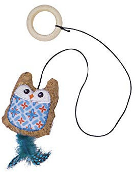 Nobby Kork Eule mit Catnip, mit Holzring blau Band mit Spielzeug 7,5/55 cm