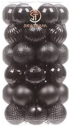 Sea Team 41-Pack Christmas Ball Ornaments with Strings, 40mm/1.57 Small Size Baubles, Shatterproof Plastic Christmas Bulbs, Hanging Decorations for Xmas Tree, Holiday, Wedding, Party, Black