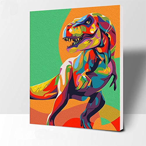 Elftoyer Peinture par numéros pour enfants, adultes et débutants, kit cadeau de peinture sur toile pour décoration de la maison – Dinosaures colorés 30,5 x 40,6 cm (cadre en bois)