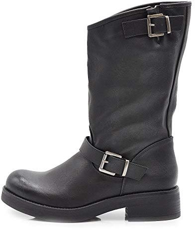 IF Fashion Scarpe Stivali da Donna al Polpaccio Biker Motociclista con Fibbie Anfibi 19007-9 Nero N.36