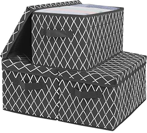 VERONLY Foldable Storage Box with Lids,Large Fabric Storage Toy Boxes Baskets with 2 Handles for Wardrobe, Shelf Bedroom Office Nursery Playroom Toys 36 x 25 x 21cm Set of 3-Grey