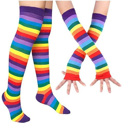 Bamboopack Regenbogen Streifen Armwärmer Beinstrumpf Bunte Oberschenkelhohe Socken Fingerlose Handschuhe Ärmel Set für Frauen Mädchen Cosplay Karneval Party Zubehör Dekoration, mehrfarbig, M