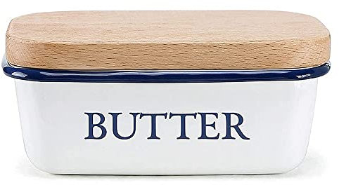 APKEY Butter Dish Square Butter Storage Container Enamel Butter Boat with Beechwood Lid Nordic Simple Square Porcelain Butter Dish Box Fresh-Keeping Butter Container Kitchen Accessories
