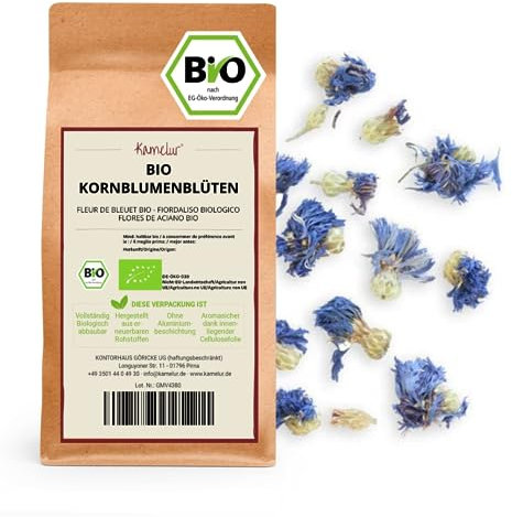 Kamelur 125g BIO Kornblumenblüten getrocknet & ganz – BIO Kornblumen ohne Zusätze – getrocknete essbare Blüten blau für BIO Tee in biologisch abbaubarer Verpackung