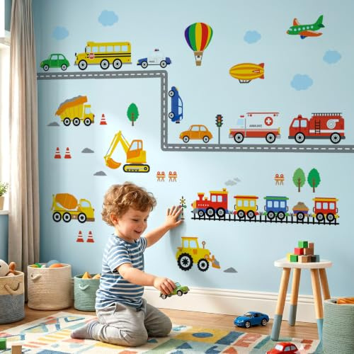 DECOWALL Construction Vehicles and Road Wall Stickers (DS8-8047) | Create a colourful vehicle road scene with trucks, diggers, cars, trains and road decals across 8 sheets