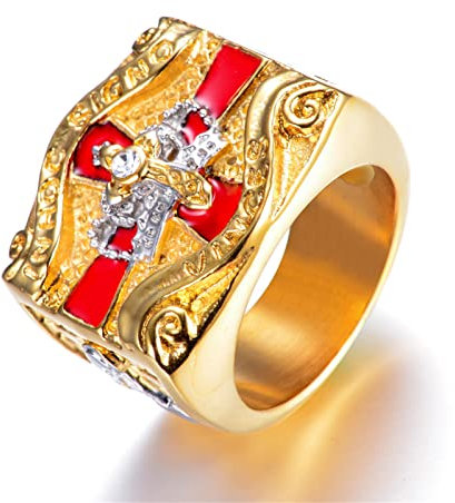 RobertDTesta Freimaurer-Ring Mit Kreuzkrone Für Herren, Gotischer Vintage-Kreuz-Diamant-Edelstahlring,Gold,12
