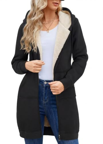 Svanco Fleecejacke Damen Lang Gefütterte Fleecemantel mit Kapuze