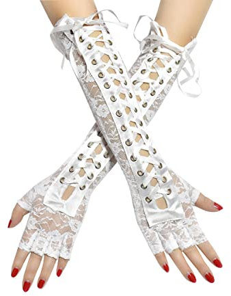 SamHeng Fingerlose Damen Handschuhe, lange sexy Satin Handschuhe mit geschnürter Krawatte, geschnürte Ellbogen Armstulpen für Abendopern Punk Party Cosplay Kostüme
